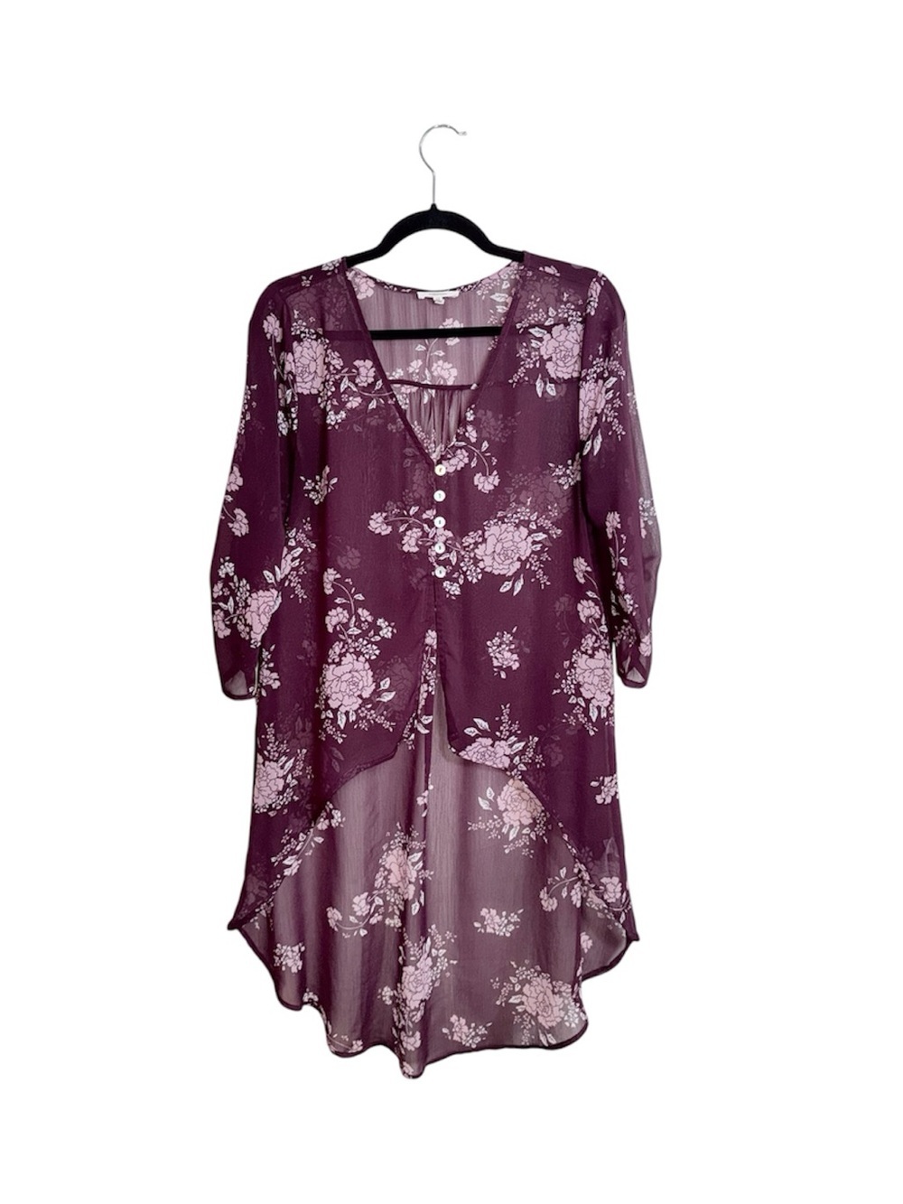 Maurices Floral Button Down High Low Top Purple Sheer V-neck Medium Women’s